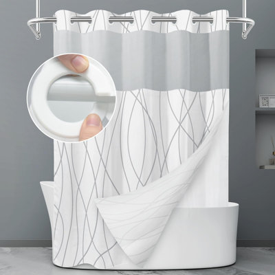 Rideau de douche sans anneaux avec doublure amovible, gris et blanc, 180 x 188 cm, motif rayé, déperlant, séchage rapide, fenêtre en maille sur le haut, aimants en bas, style hôtel, lavable à la machine, moderne, pour salle de bain