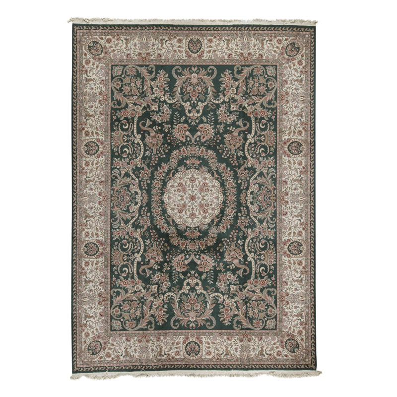 Tapis vert et ivoire noué à la main de haute qualité