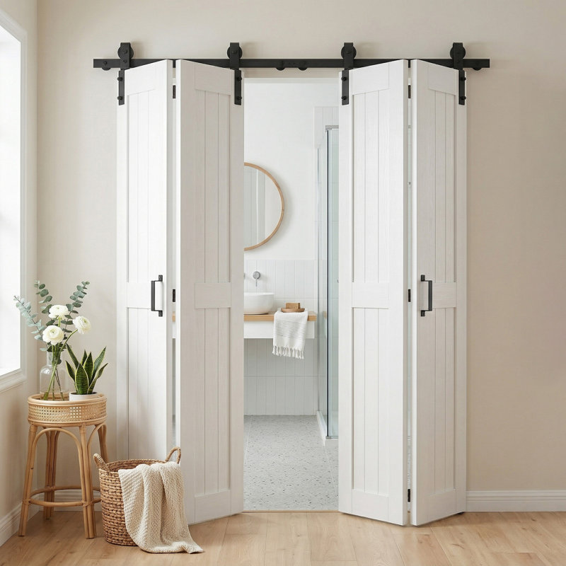 Portes de grange pliantes 84 po en bois manufacturé blanc avec ensemble de quincaillerie, 60 po x 84 po
