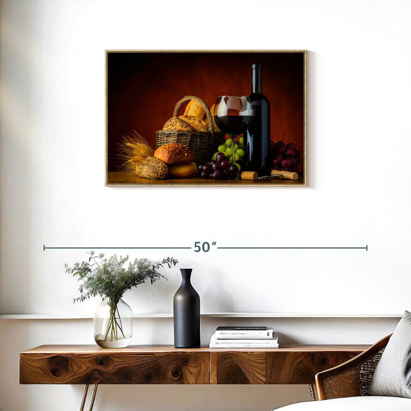 Wine And Bread, 31" X 21", Floating Frame Natural Wood