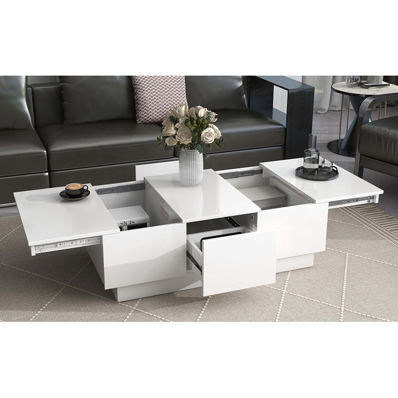 Table basse avec 2 grands compartiments de rangement cachés, table de cocktail extensible avec 2 tiroirs, table centrale ultrabrillante avec plateau coulissant pour le salon