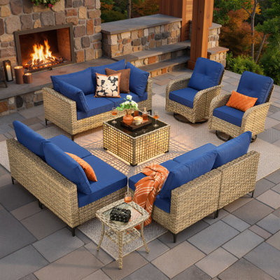 Outdoor Wicker 8 Person Seating Group With Cushions With Rocking And Swivel Chairs