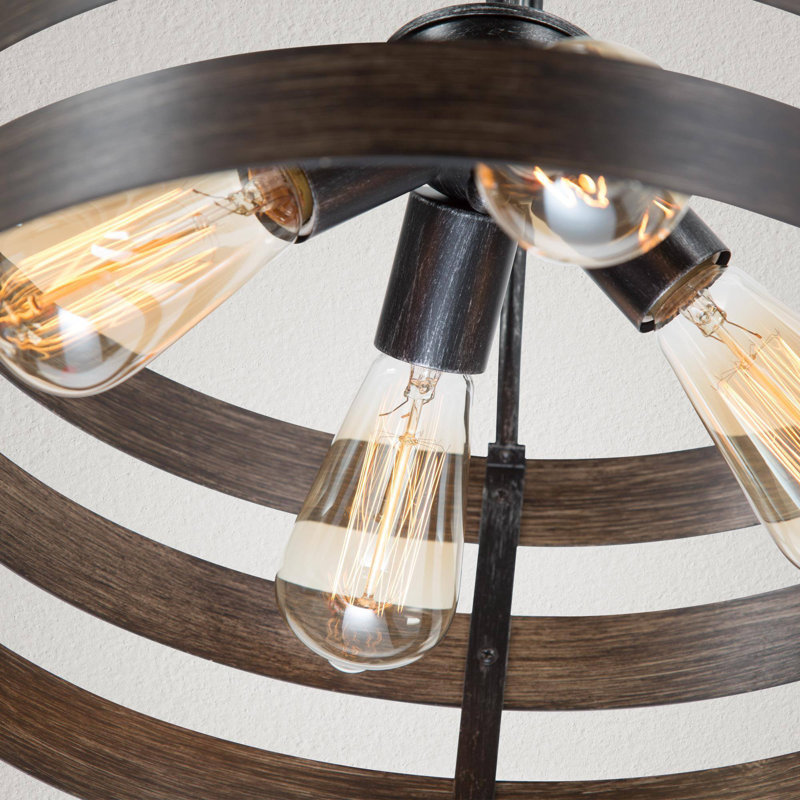 Lustre tambour 4 lumières avec accents de bois, Faux bois foncé