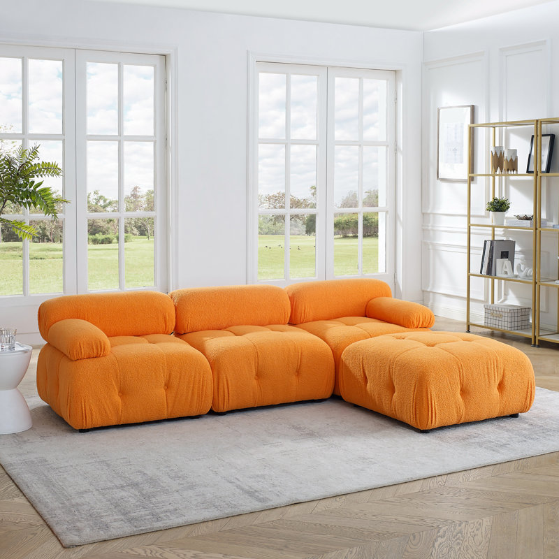 Modular Sectional Sofa, Button Tufted Designed And Diy Combination,L Shaped Couch With Reversible Ottoman, Orange Teddy