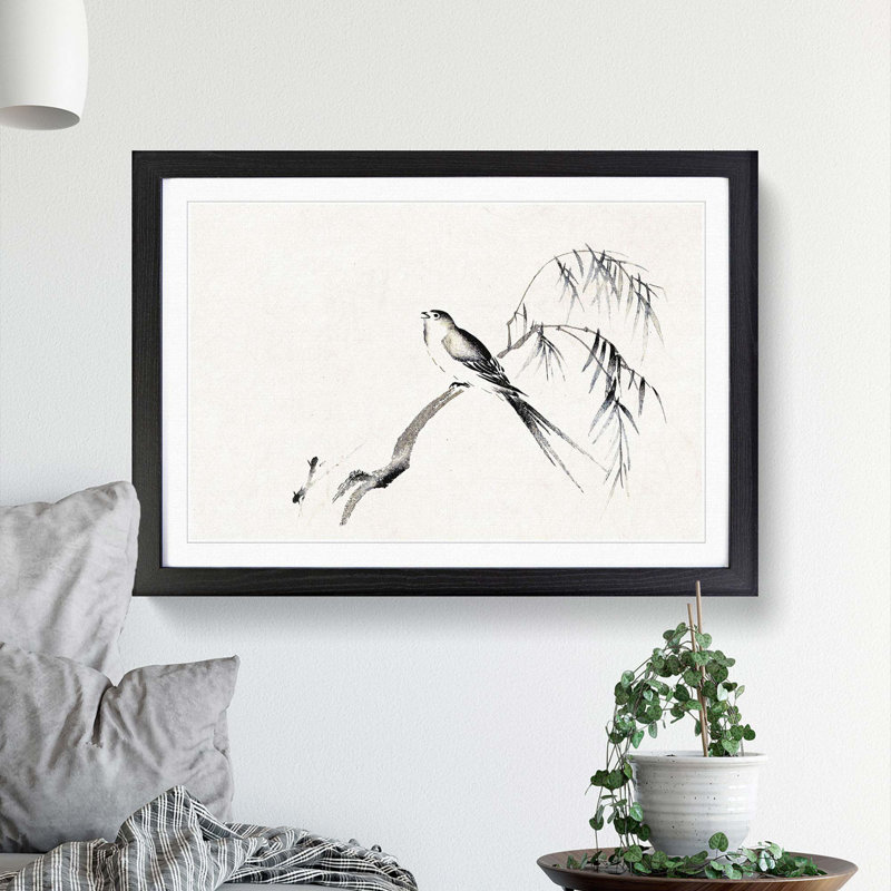 Bird on a Tree Branch by Maruyama Okyo - Picture Frame Painting Print, 36cm H x 48cm W x 2cm D, Black Framed