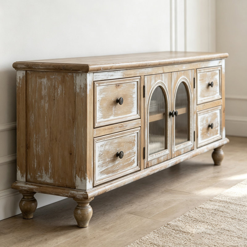 Meuble télé 60 po avec 4 tiroirs et 2 portes en verre, console multimédia en bois rustique, Ancient White
