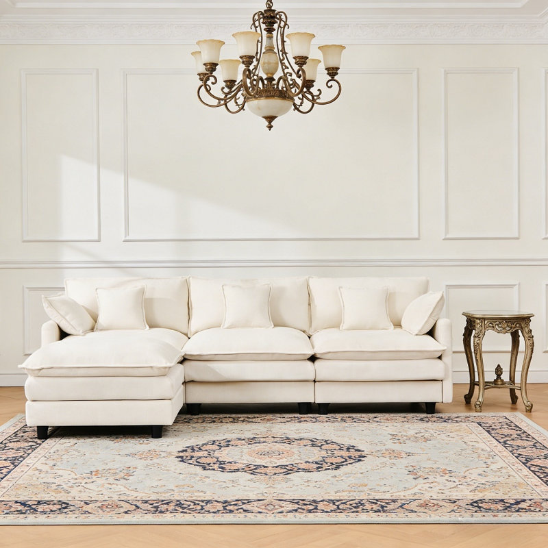 101.9" Cashmere Fabric Modular Sectional Sofa, 3-Seater Convertible L-Shape Couch with Movable Ottoman, Beige