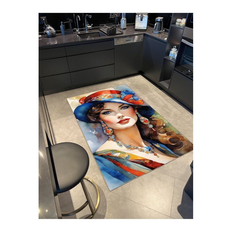 Colorful Girl with Hat Modern Patterned Decorative Machine Washable Rug, Rectangle 3'3" x 4'11" Rug Pad Included