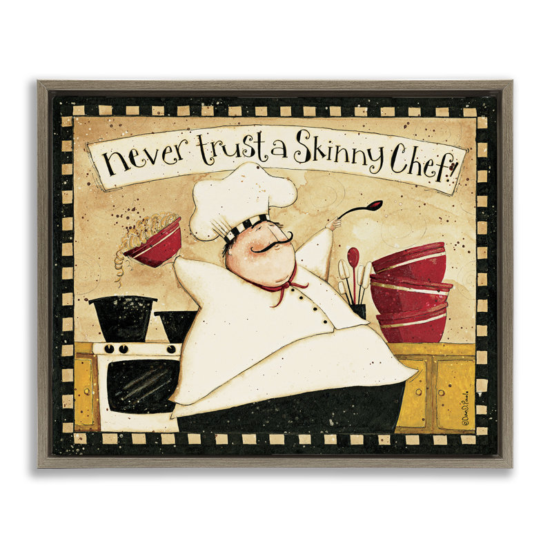 «Skinny Chef Funny Kitchen», art mural encadré par Dan DiPaolo, Cadre flottant orme Montalcino, H 17 po x l 21 po