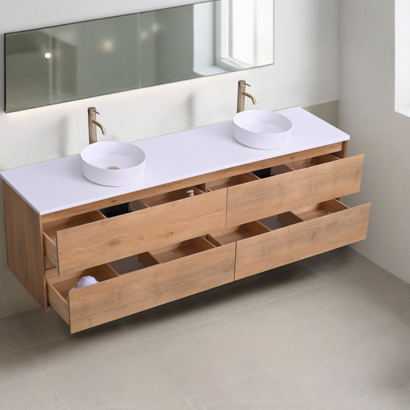 Meuble-lavabo mural 84 po avec comptoir en pierre de quartz et lavabo vasque Skyward, 84"