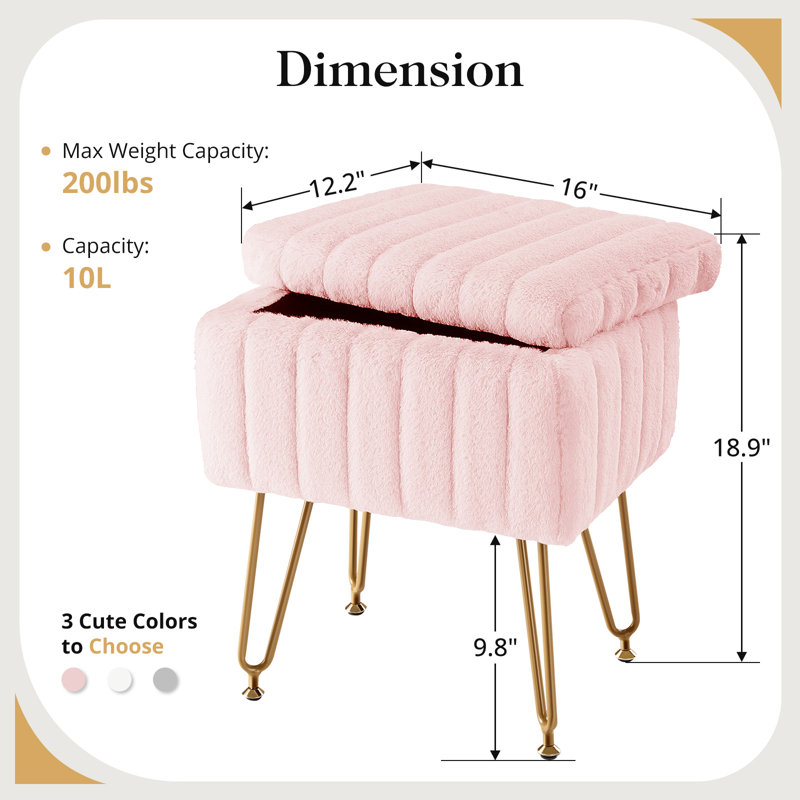 Modern Vanity Stool Chair With 4 Metal Legs And Storage, Multiuse Foot Rest For Makeup Room Bedroom, Pink