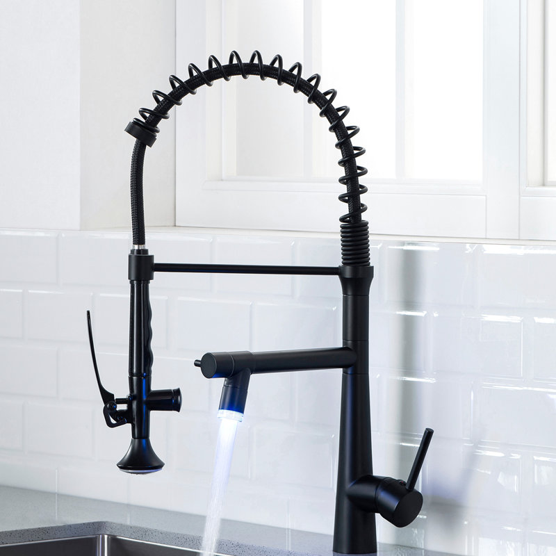 Robinet d'évier de cuisine commercial - Robuste avec ressort rétractable, pré-rinçage à poignée simple de style noir mat