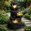 Fontaine d'extérieur avec lumières DEL, fontaine de jardin en résine empilée en pierre de 25,6 po-1396414761