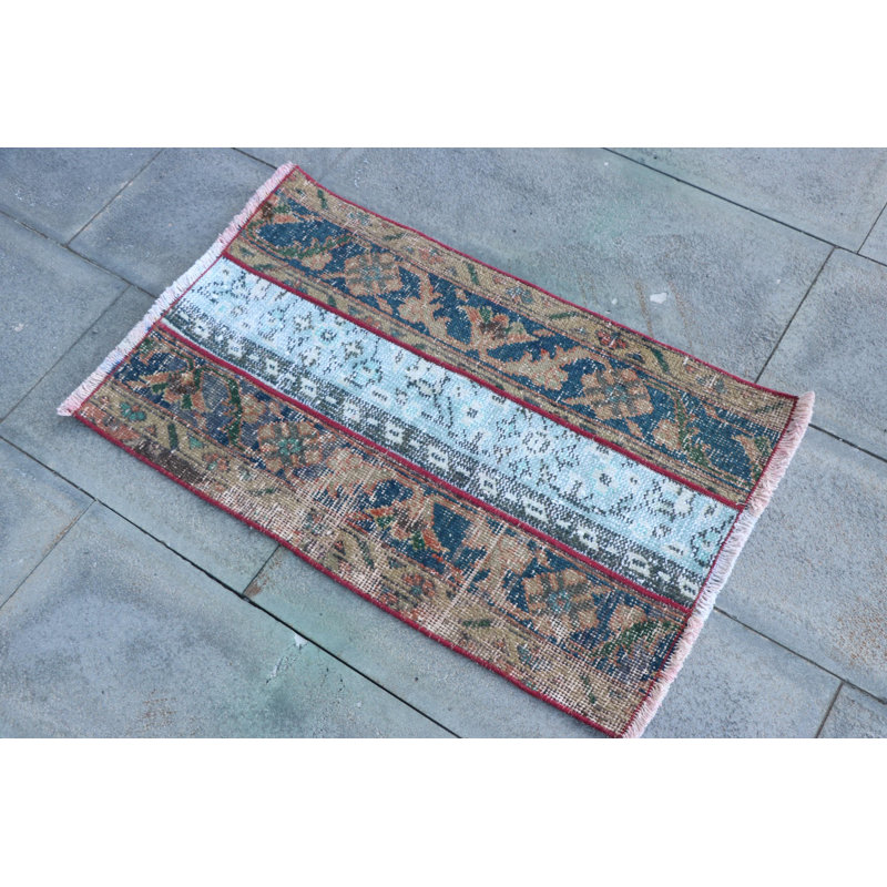 Vintage Turkish Blue Rug: Small Antique Decorative Bathroom Mat for Home Decor
