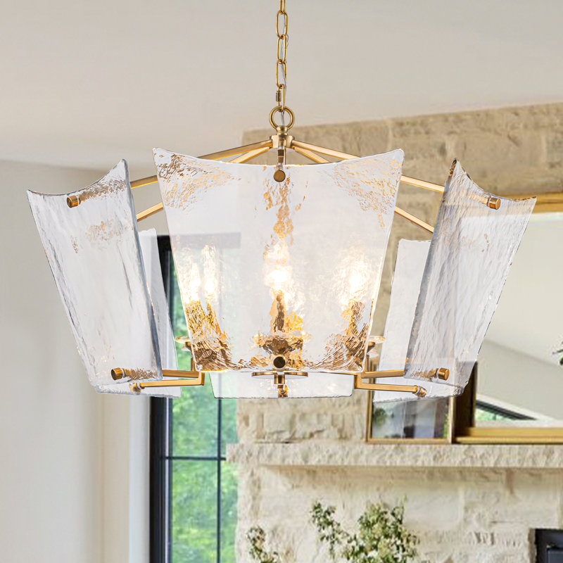 Lustre géométrique moderne en laiton avec verre texturé fabriqué à la main, 6 lumières réglables pour la salle à manger, compatible avec un plafond incliné, d'une hauteur de 18,9 po à 97,6 po