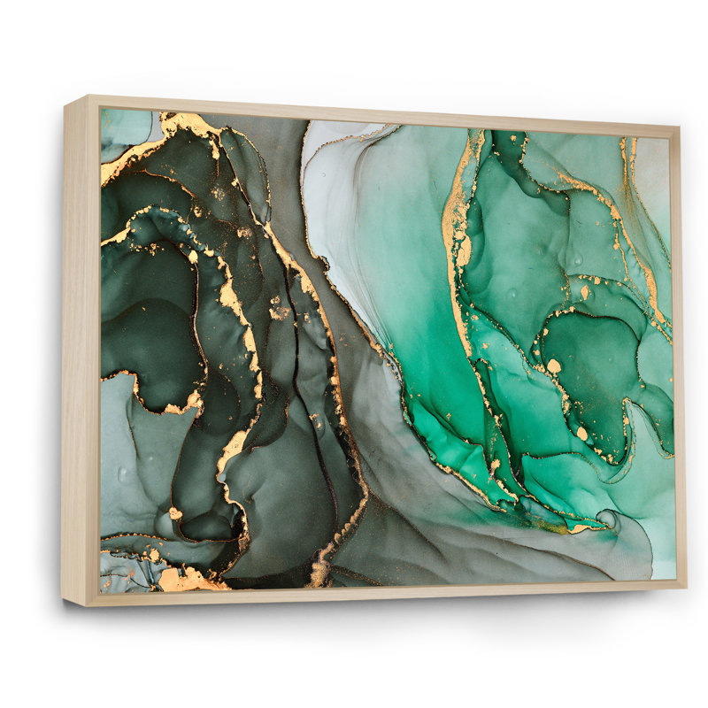 «Turquoise and Grey Luxury Abstract Fluid Art I», reproduction sur toile, H 12 po x l 20 po, Cadre flottant en érable