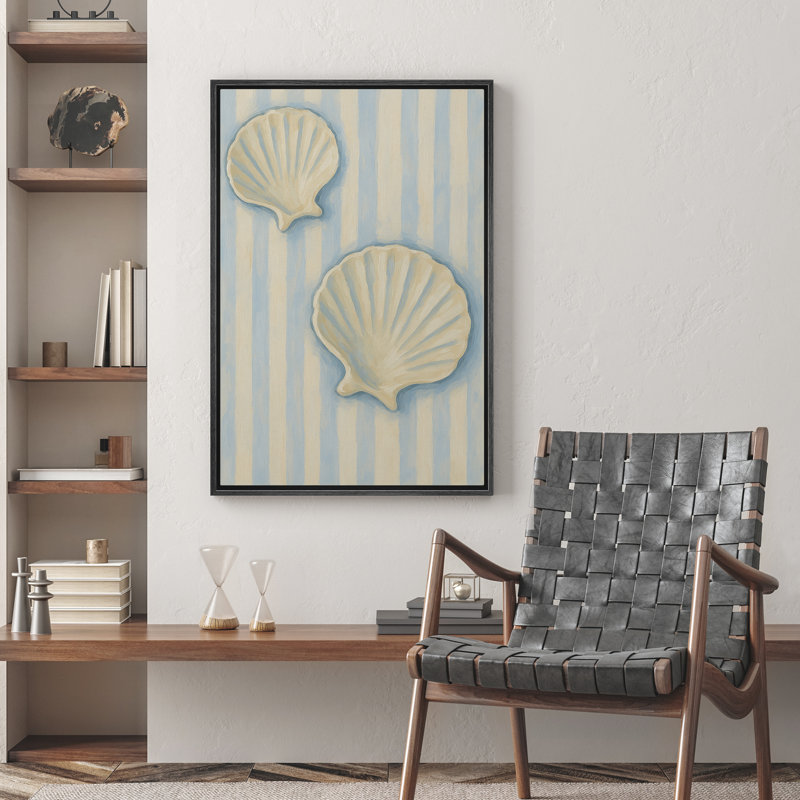 «Coastal Seashells» sur fond rayé Nautical Beach Decor - reproduction d'art sur toile encadrée, Noir, H 24 po x l 16 po