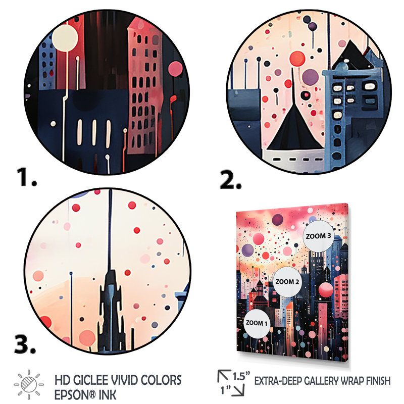Bubble Gum Cityscape Horizon IV - Art mural art déco urbain, Cadre photo doré simple, H 44 po x l 34 po x P 1,5 po