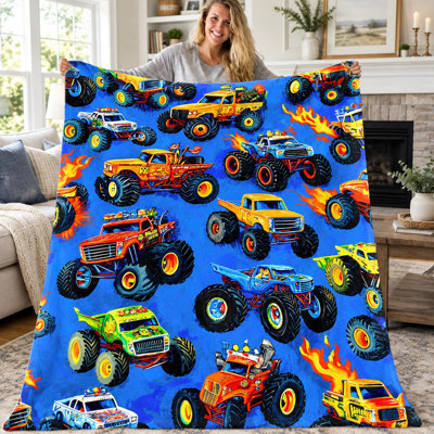 1pc Monster Truck Throw Blanket, Vibrant Offroad Truck Flannel Blanket, Soft Cozy Lightweight Blanket for Sofa Couch Bed Living Room Dorm Office Travel, Boys Kids Fun Home Decor All‑Season Blanket, Machine Washable