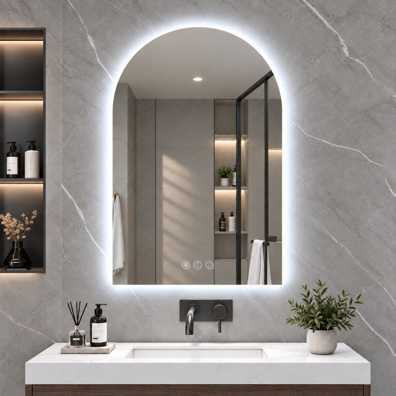Miroir de salle de bain à DEL rétroéclairé sans cadre avec éclairage à 3 couleurs à intensité variable, antibuée et verre trempé