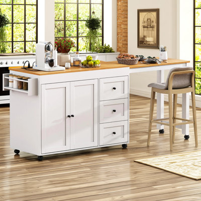 74.8" Extendable Kitchen Island with Dining Table, 3 Drawers, Power Outlet, Spice Rack