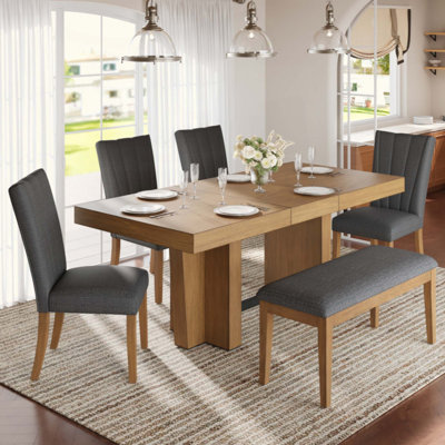 Farmhouse 78.1inch Extendable Wood Dining Table Set for 6, Kitchen Table Set with Bench and 4 Upholstered Chairs,3.8inch Thick Tabletop and Trestle Le