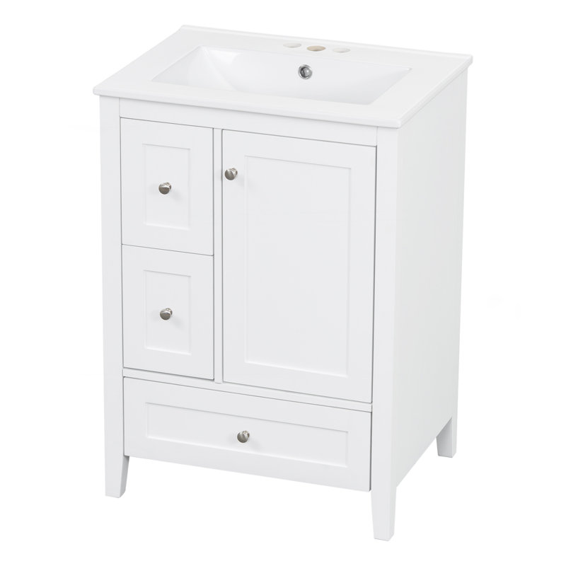 "Meuble-lavabo de 24 pouces avec rangement, tablette réglable, panneau de fibres à densité moyenne et bois d'hévéa, cloisons amovibles, finition blanc brillant"