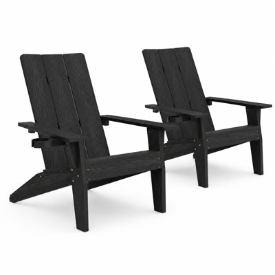 Modern Adirondack Chairs with Cup Holders All Weather HIPS Outdoor Chairs with Wide Armrests Oversized Plastic Patio Lounge for Lawn, Patio and Pool, Black
