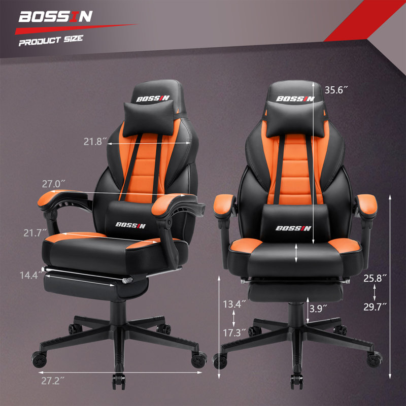 BOSSIN Adjustable Reclining Ergonomic Faux Leather Swiveling PC & Racing Game Chair with Footrest in Orange