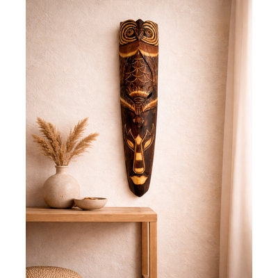 Hand-Carved Solid Wood African Tribal Mask Wall Decor – 40" Owl Artisan Wall Art for Home and Office