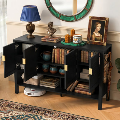 Buffet 55 "noir avec portes géométriques, table basse 4 portes avec tablette ouverte et crochets latéraux