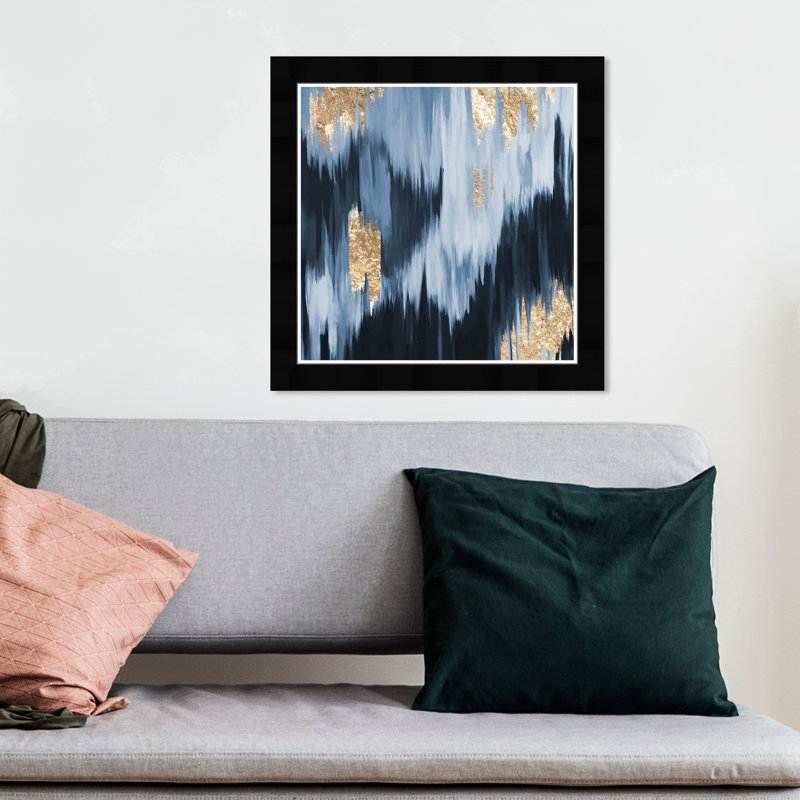 «Abstract Gold Blue Fall Paint», reproduction d'art graphique encadrée, Cadre noir plat, H 12 po x l 12 po x P 1,5 po