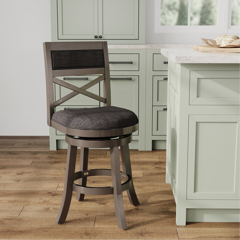 Tabouret pivotant à dossier en X de 24 po de hauteur comptoir, finition gris patiné, siège en tissu gris anthracite, Gris
