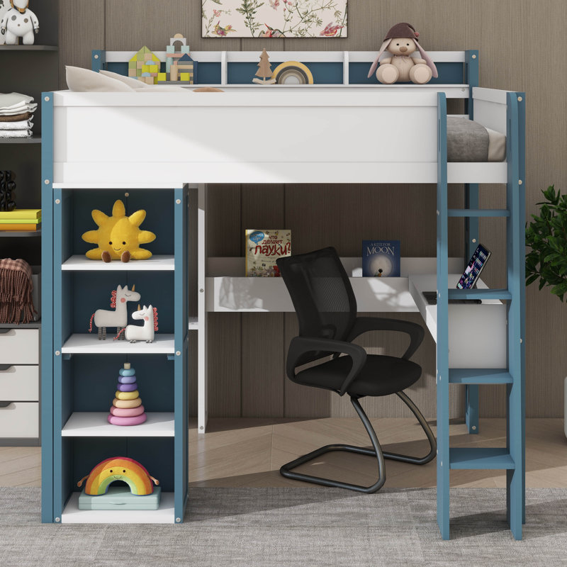 Lit mezzanine double avec tablettes, tringles à vêtements et bureau, Blanc et bleu