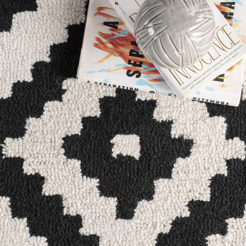Decca Geometric Handmade Tufted Wool Black/Cream Area Rug, Rectangle 3' x 5'