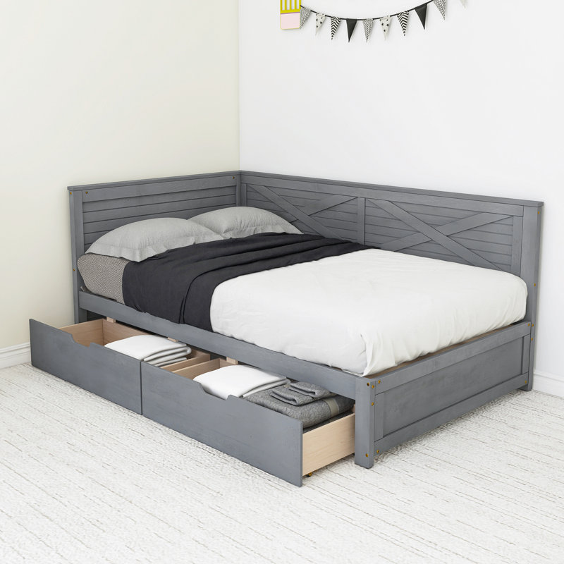 77.50" X 41.90" Twin Size Bed Frame With 2 Drawers And Rustic Guardrail, Gray
