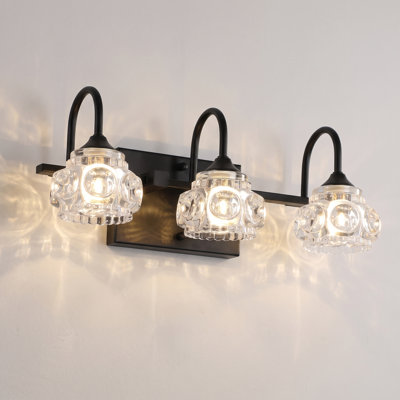 Applique murale moderne noire à 3 lumières de 43 cm (17 po) avec verre cristal.
