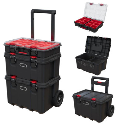 Stack N Rolling Tool Box Modular Storage System 3 Piece,Heavy Duty, Weatherproof, All Terrain Wheels, Durable, Easy to Use, Telescoping Handle(Black a