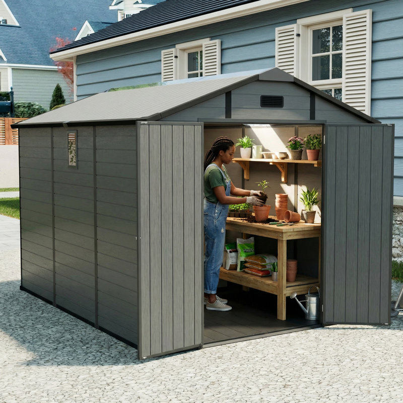Remise de rangement 96 po x 120 po en plastique pour l'extérieur - Remise à outils verrouillable en résine avec fenêtres et panneaux de plancher, gris foncé