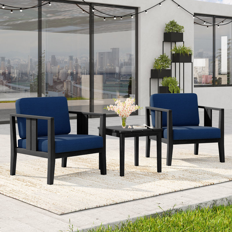 Junco Teak Outdoor Two-Person Patio Set With Cushions And Side Table, Navy, Black