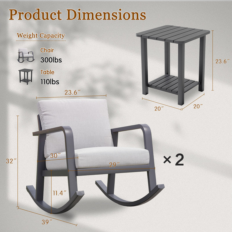Deck Rocking Chair Set, 3 Piece Aluminum Patio Furniture with Side Table, Olefin Cushions, Outdoor Seating for Porch, Balcony, Backyard and Garden