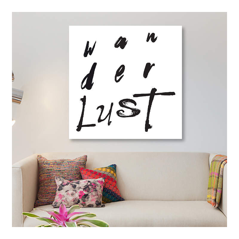« wanderlust », art textuel sur toile, H 18 po x l 18 po x P 1,5 po