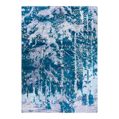 Tapis moderne noué à la main de conception unique - bleu, 9 pi 1 po x 12 pi 2 po Modern