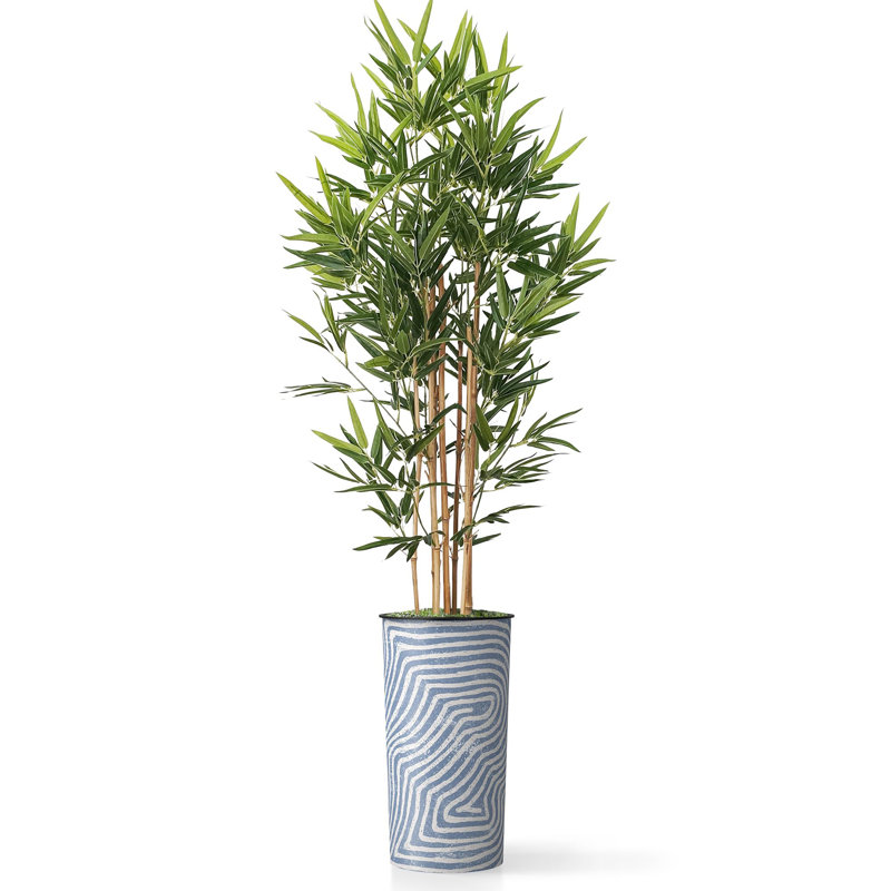 Artificial Tree in Contemporary Geometric Pattern Planter Fake Bamboo Silk Tree Plant Pot Plus Tree, Swirl Blue