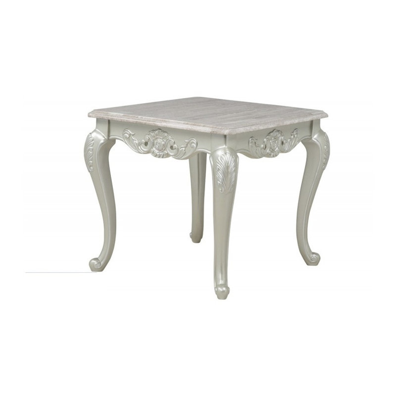 Table de bout traditionnelle en faux marbre avec sculptures ornées et pieds cabriole en blanc antique