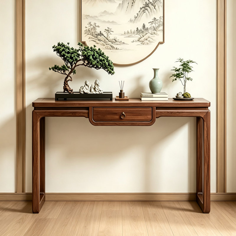 Console New-Chinese Style, 31.5" H x 47.2" W x 11.8" D, Dark Brown Wood / Dark Brown, Dark Brown Wood, Dark Brown