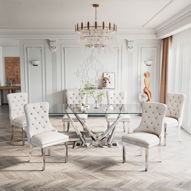 Table de salle à manger en verre avec base en verre et 4 chaises en velours, Blanc / argenté, Silver