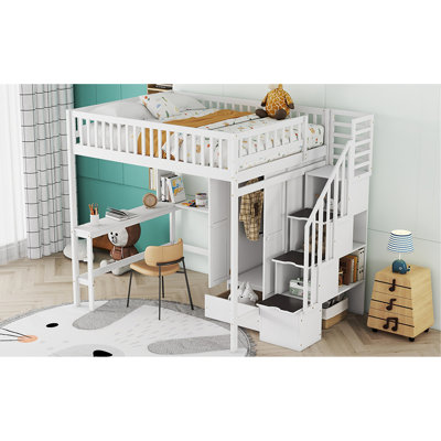 Lit mezzanine de taille blanche avec bibliothèque efficace, tiroirs, bureau et garde-robe. Fabrication en bois de pin massif. Ambiance de chambre à coucher Pas de sommier requis - garde-robe double - 6+