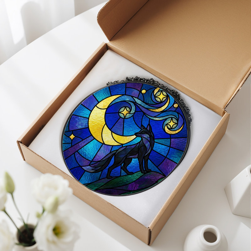 Panneau de vitrail 12 "H Wolf Moon, 12" H x 12" W