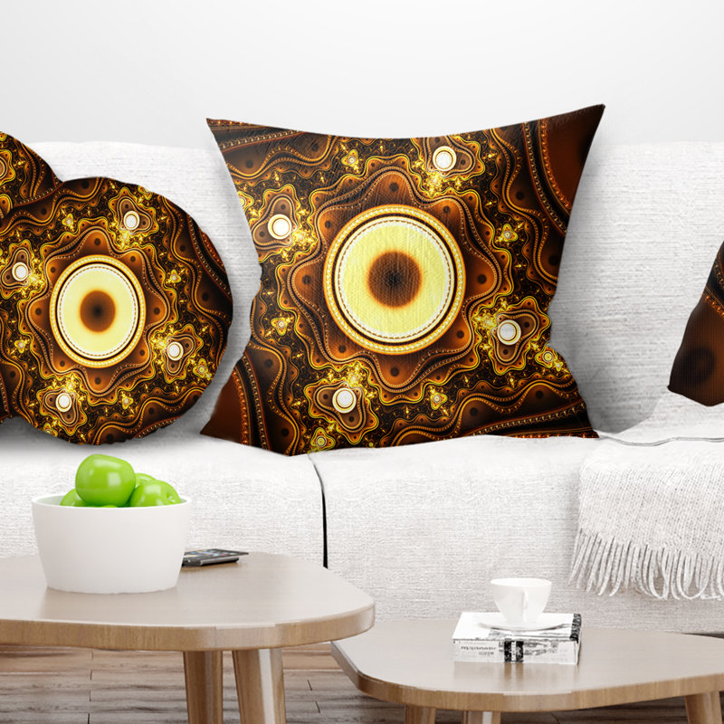 Motif fractal brun avec cercles - coussin imprimé abstrait, 16 po x 1 po, Coussin décoratif